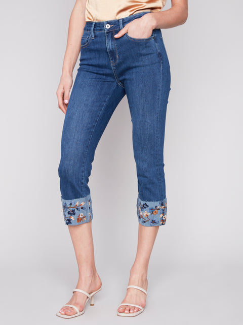 Cropped Jeans with Embroidered Cuff - Janet's Fashions